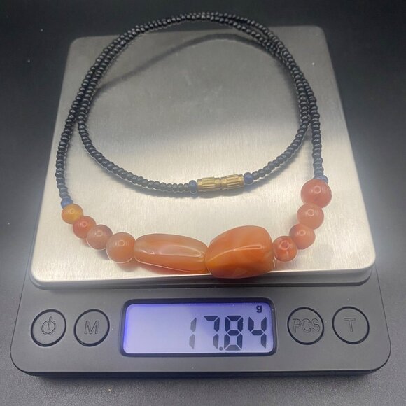 Vintage Carnelian Black Glass Beaded Necklace Orange Agate Stones Boho Unisex 21 - Picture 7 of 7